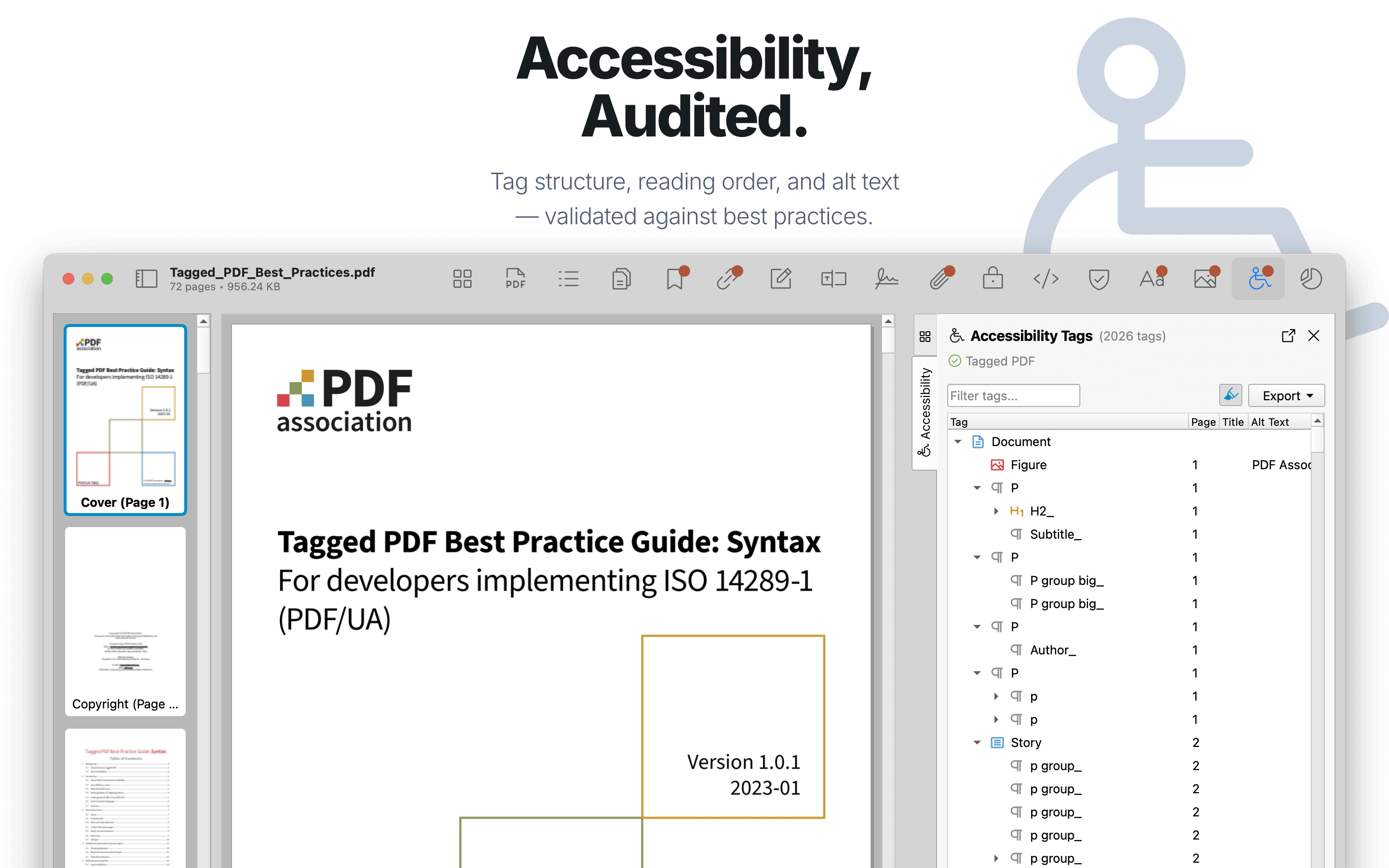 Accessibility tags viewer showing PDF structure tree with tag attributes.