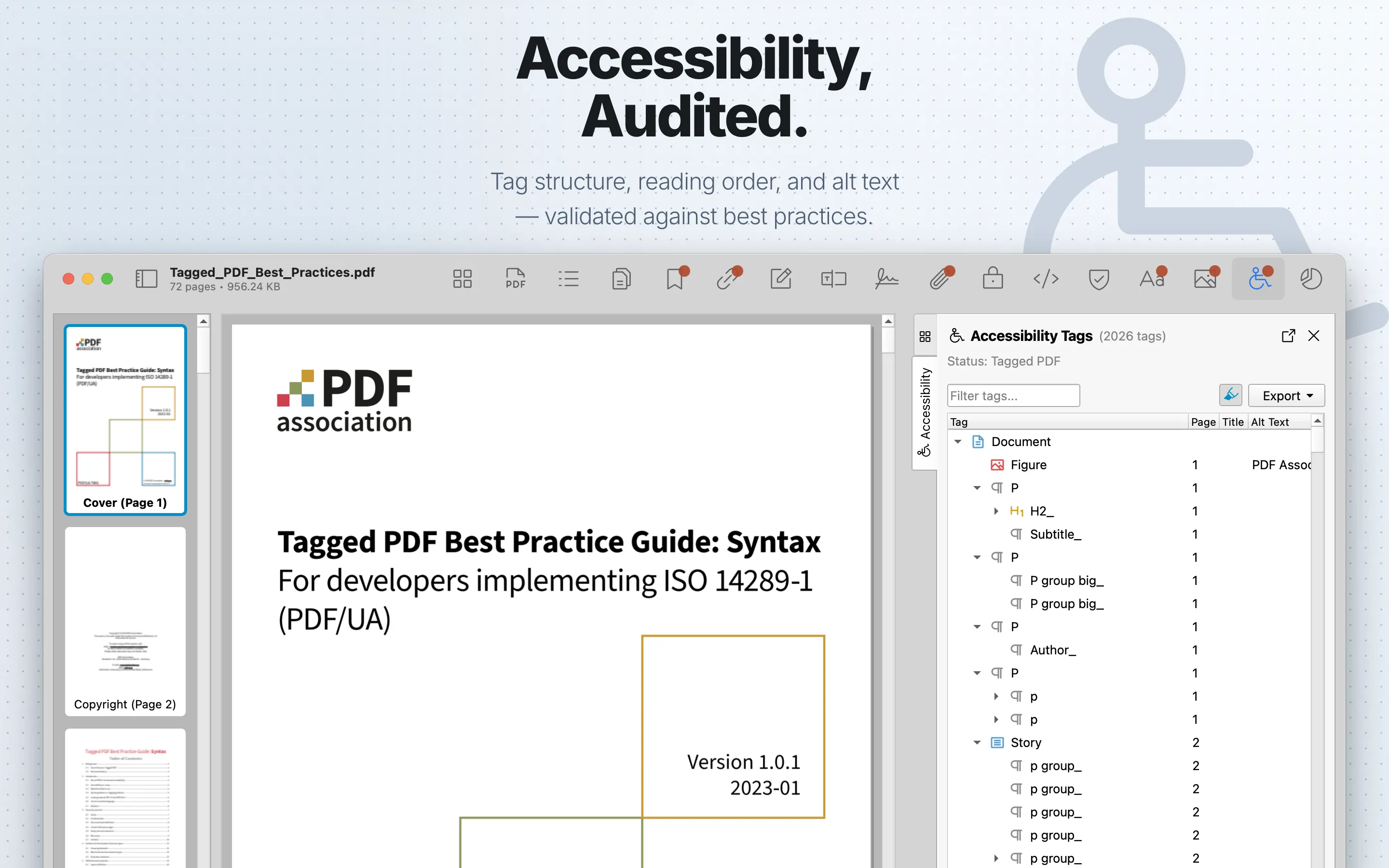 PDF Auditor Accessibility tab showing PDF tag structure.