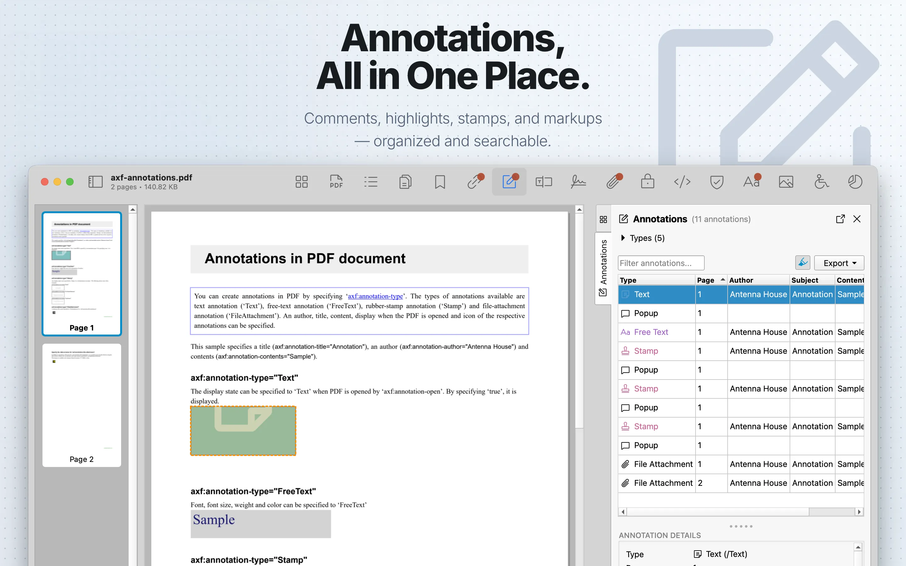 PDF Auditor Annotations tab showing annotation details.