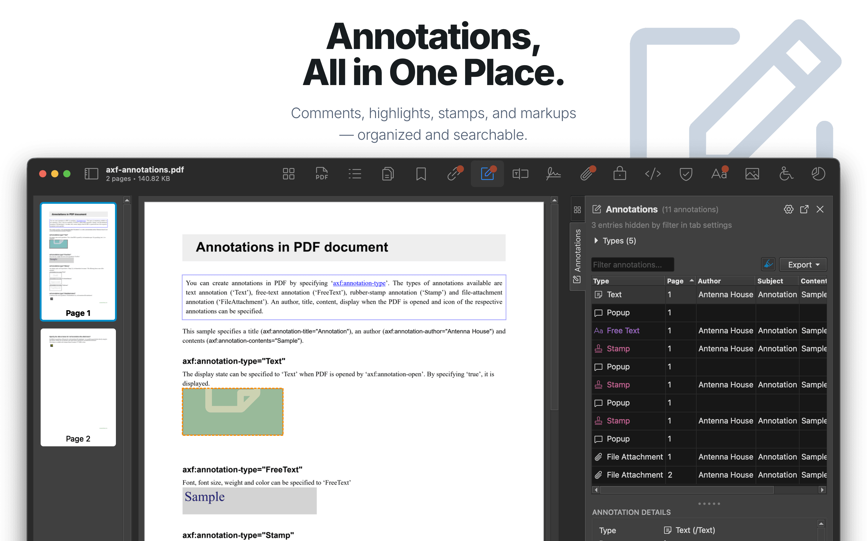 Annotations viewer with type and content details.