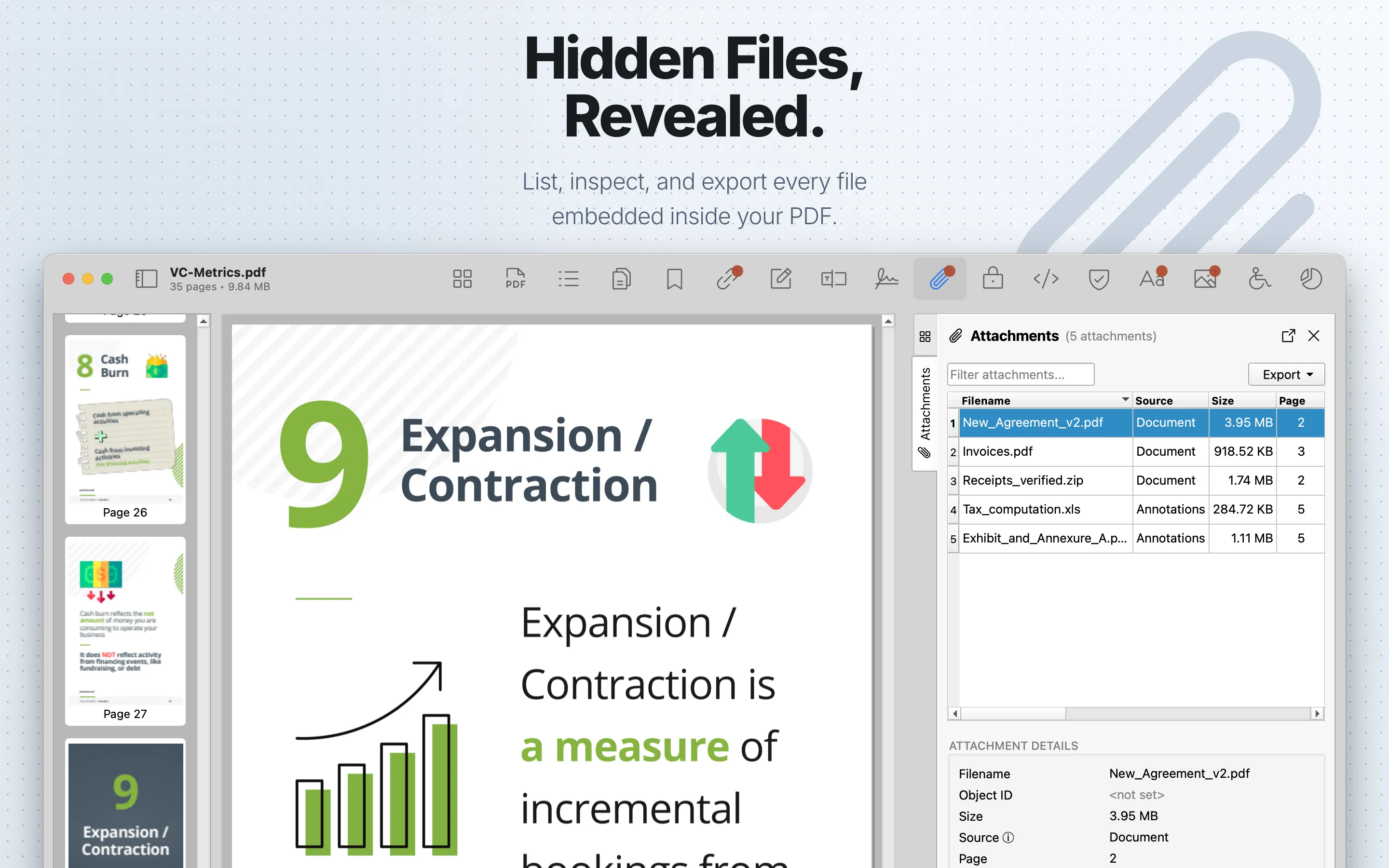PDF Auditor Attachments tab showing embedded file details.