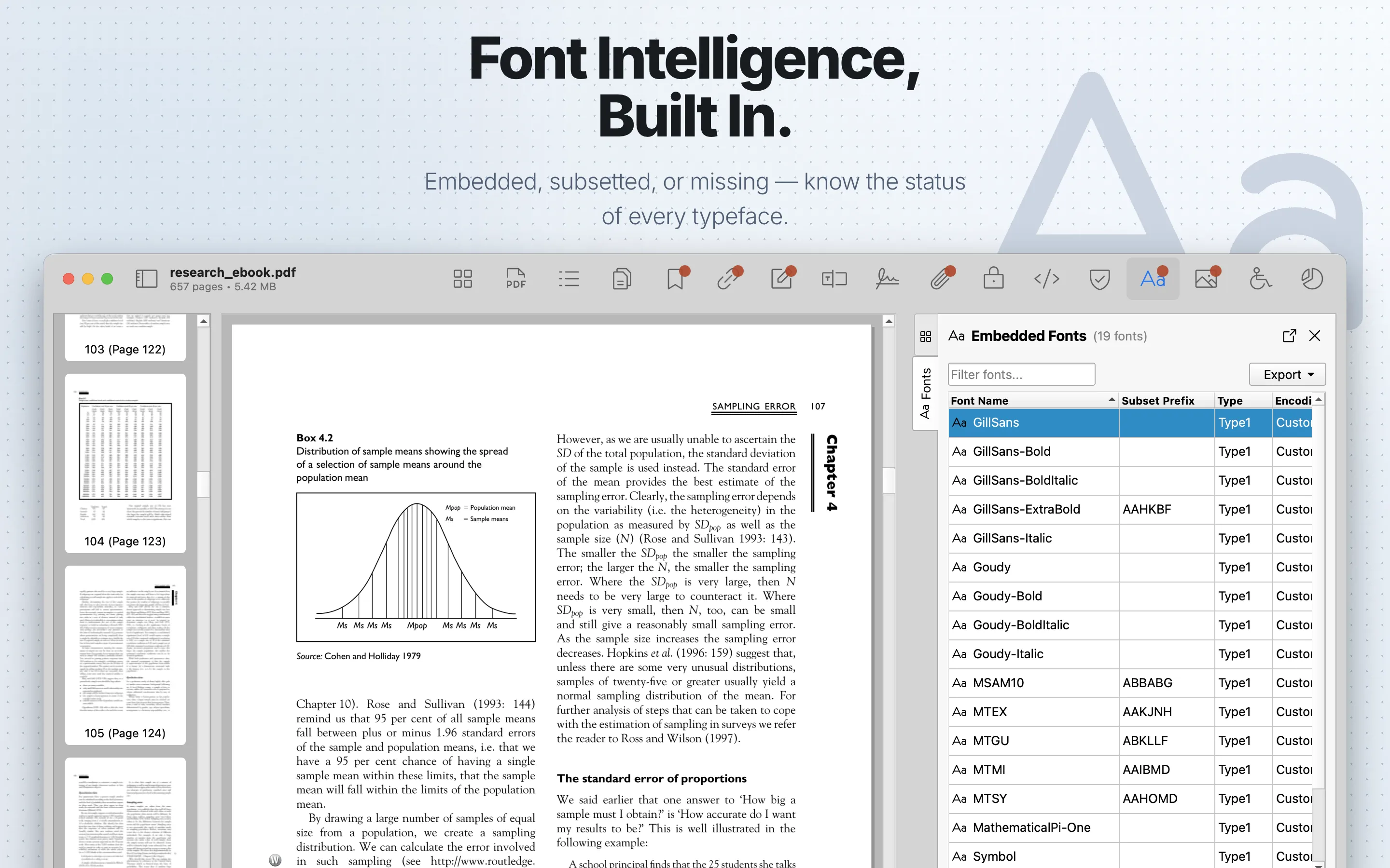 PDF Auditor Fonts tab showing embedded font details.