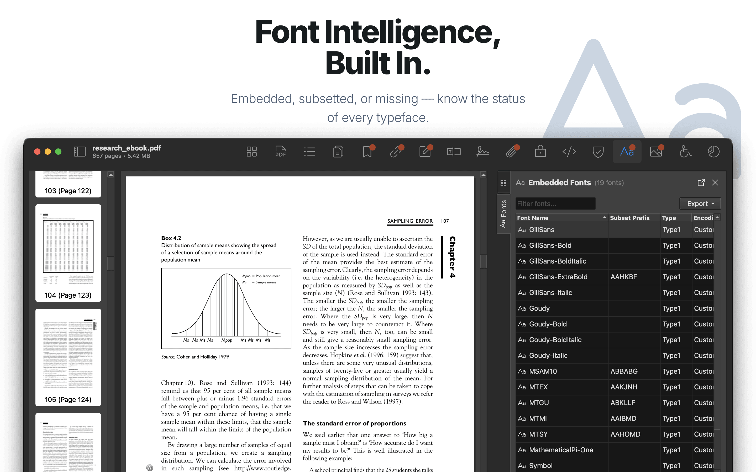 Font inventory showing embedding status.