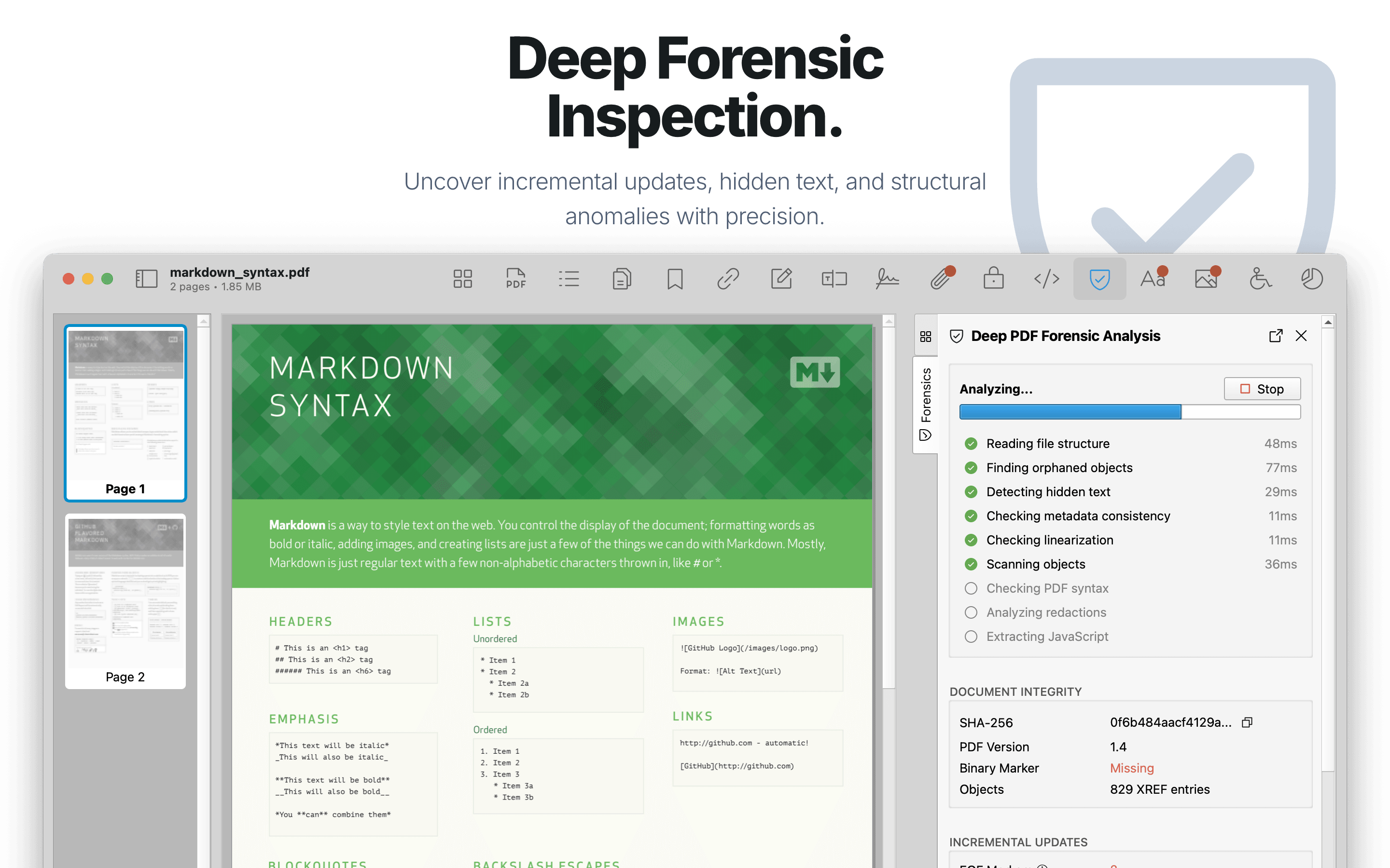 Forensic analysis detecting incremental updates and integrity issues.