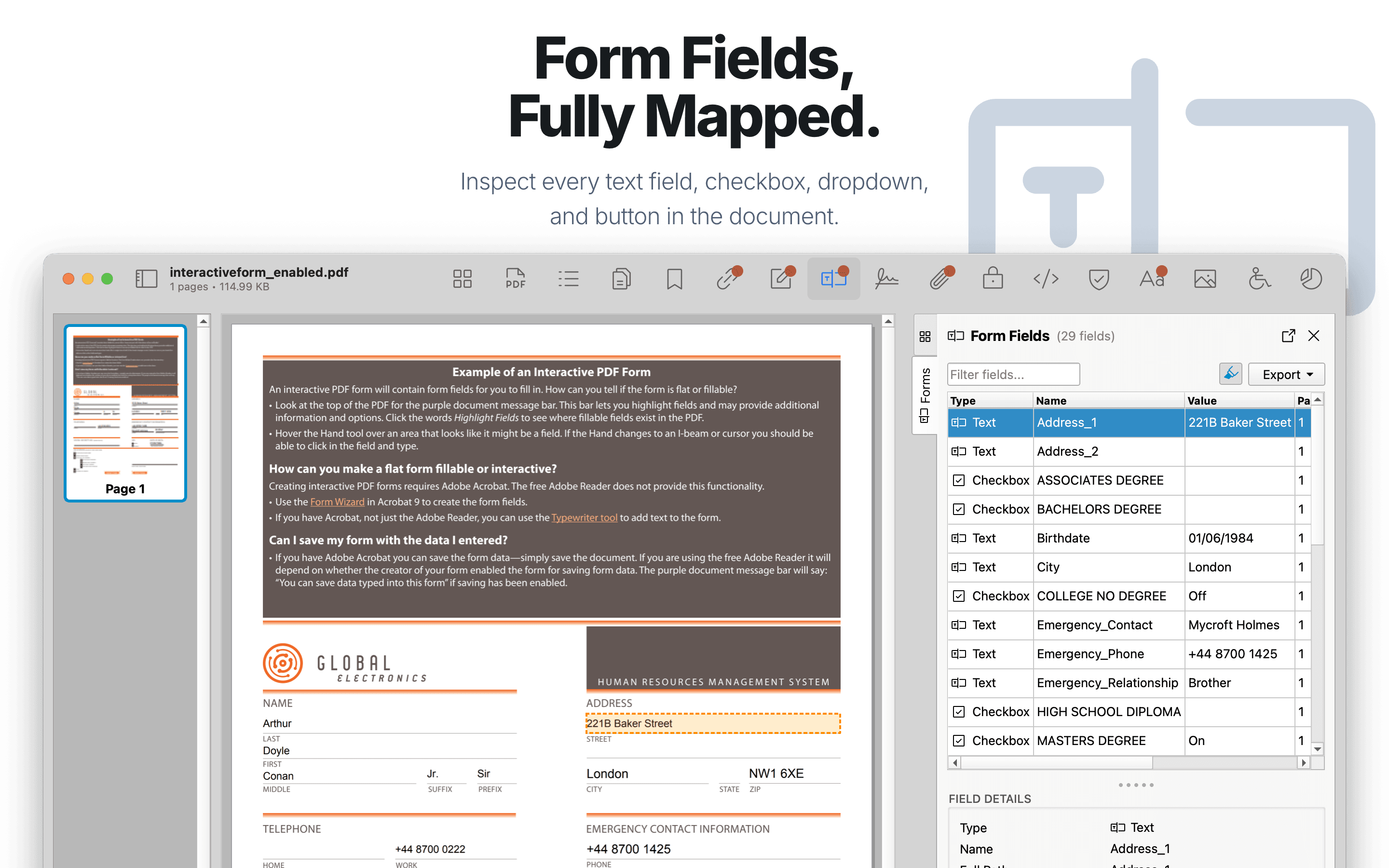 Interactive form fields inspector.