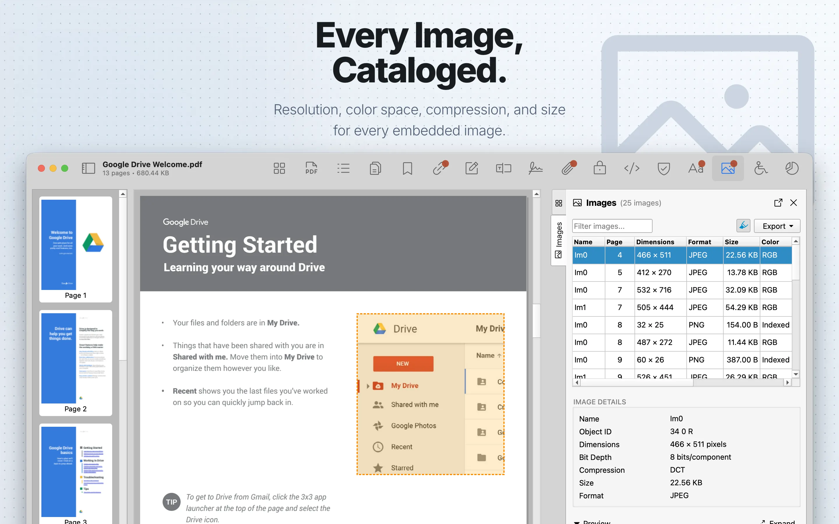 PDF Auditor Images tab showing embedded image details.