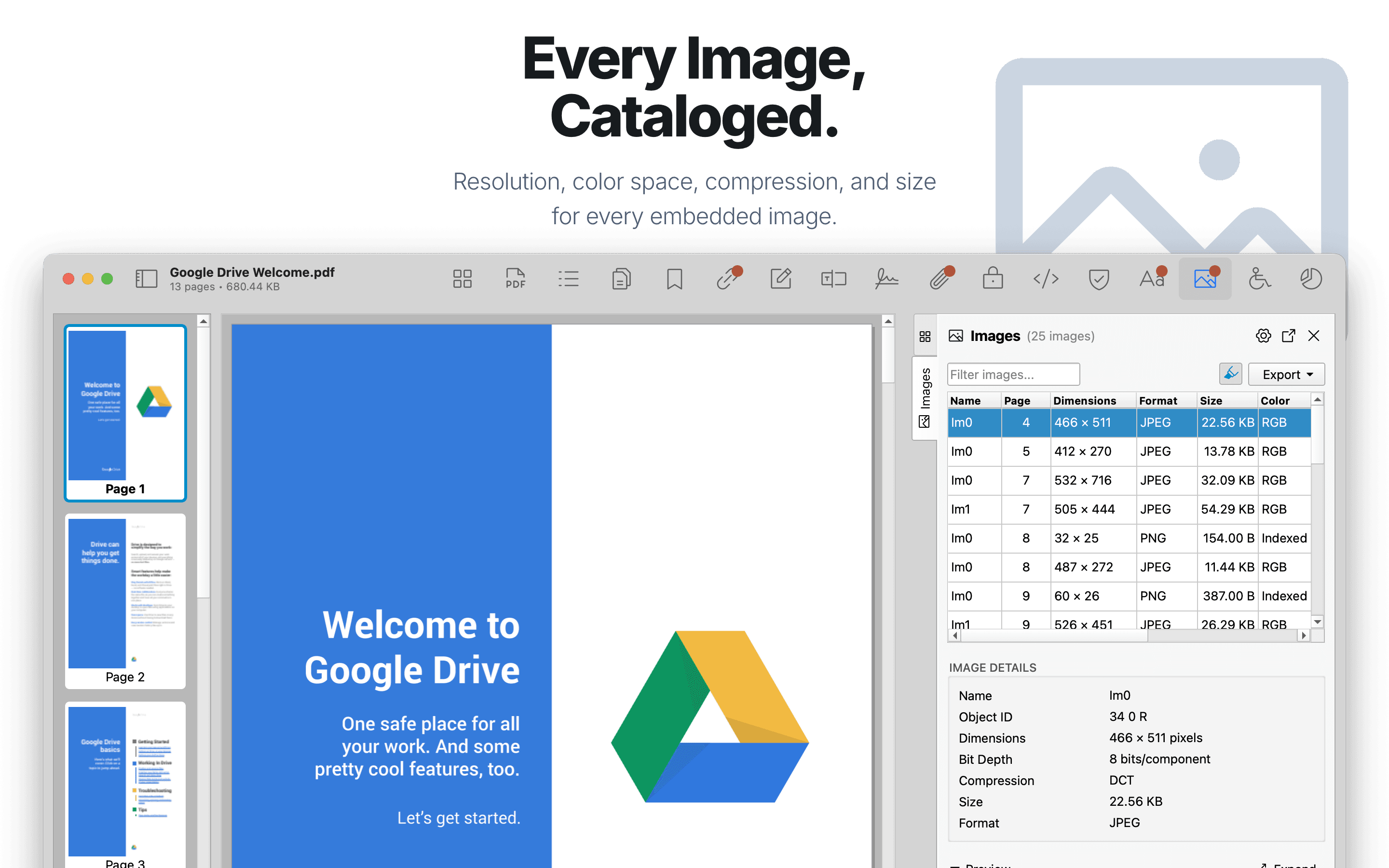 Embedded images inventory with preview and extraction.