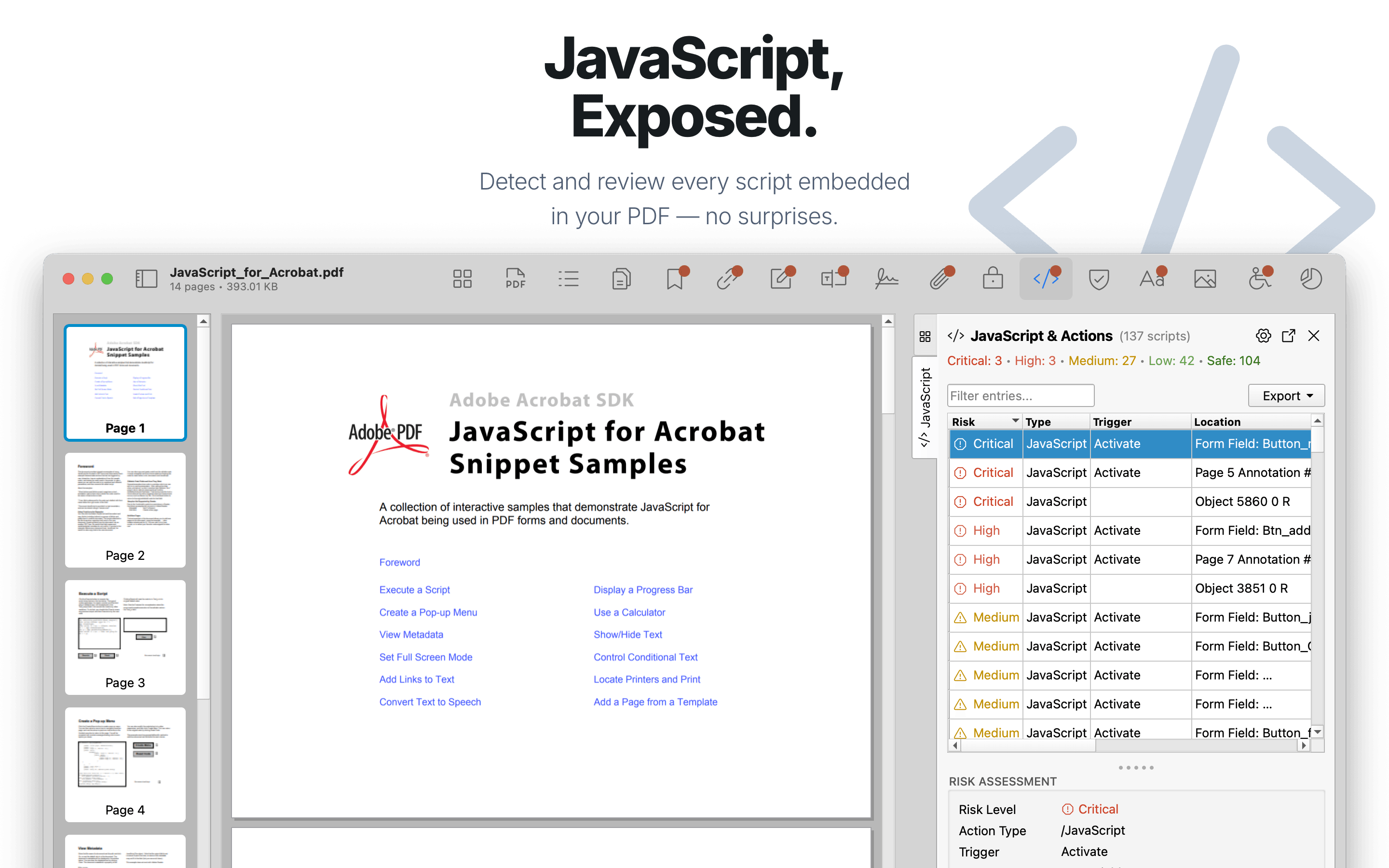 JavaScript inspector with syntax highlighting and risk assessment.