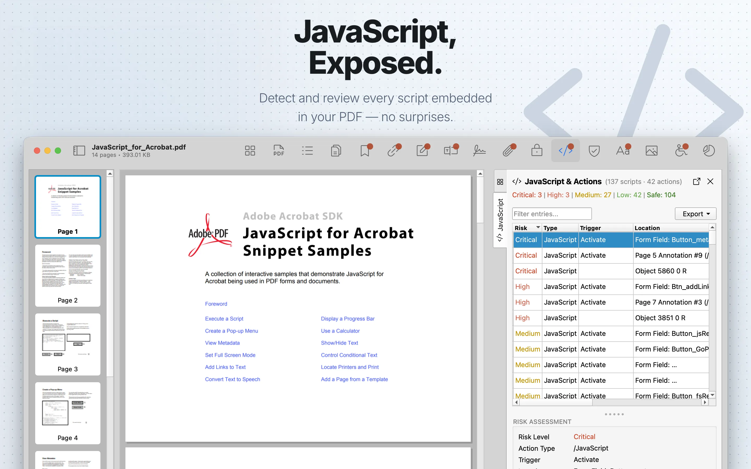 PDF Auditor JavaScript tab showing script risk details.