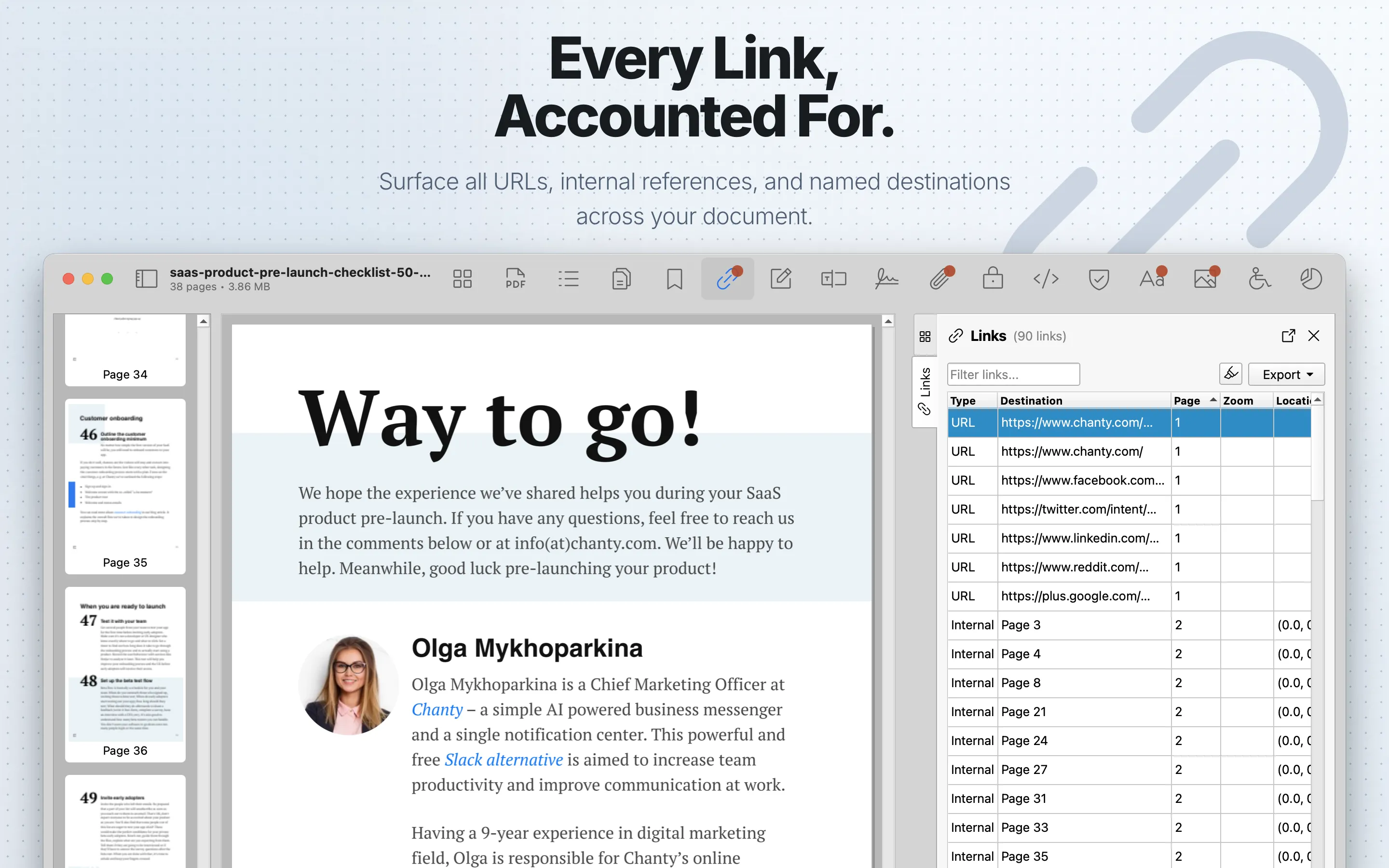 PDF Auditor Links tab showing link destinations.