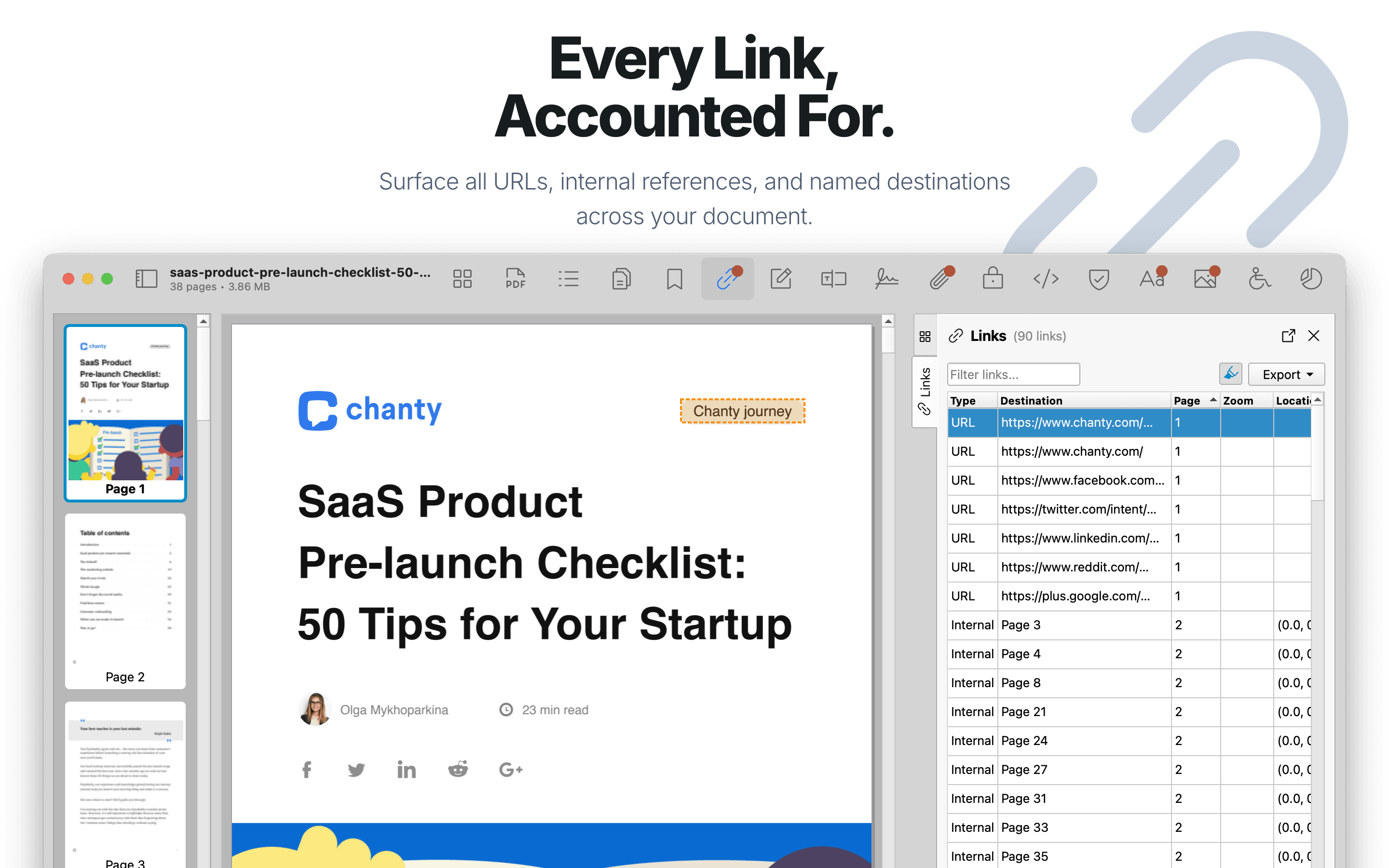 Links inspector showing URLs in the PDF.