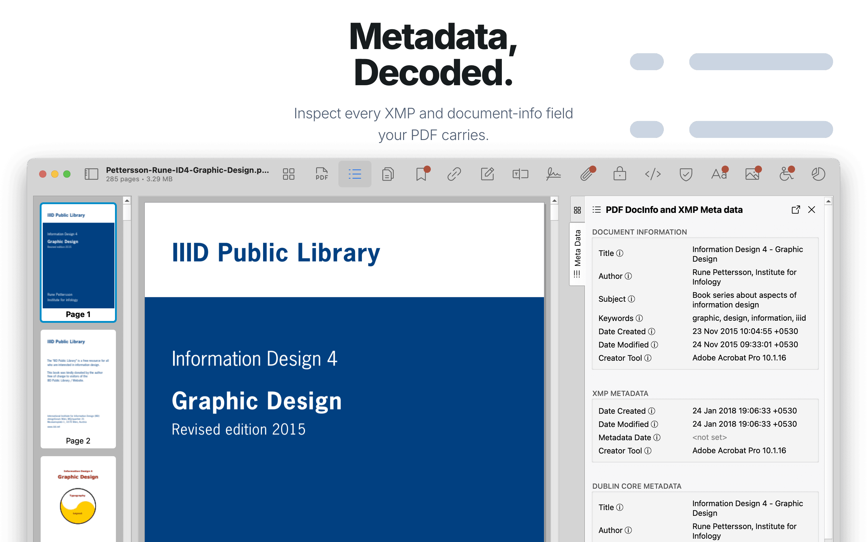 Metadata inspector showing XMP and document properties.