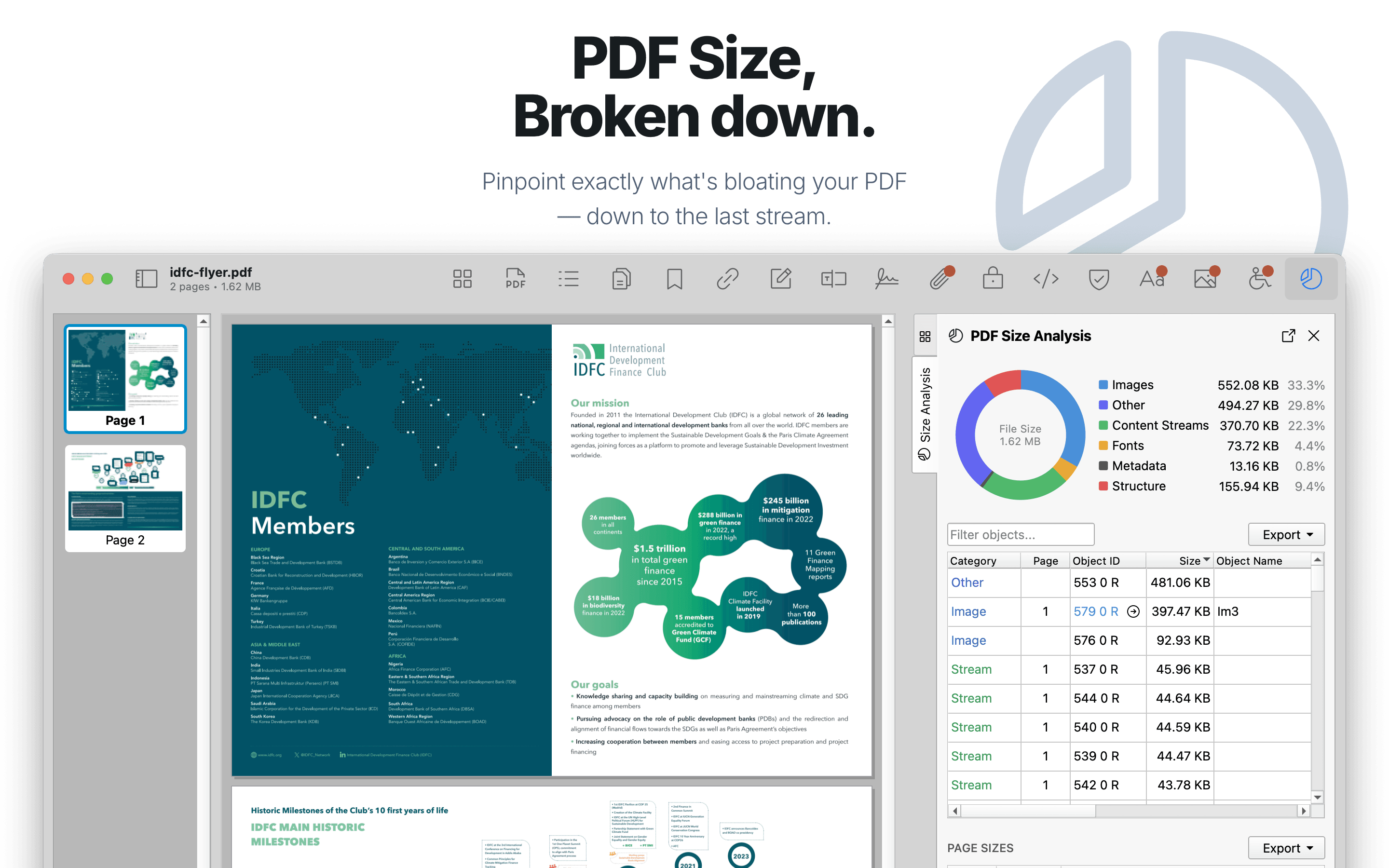 Size analysis view showing PDF object category breakdown and file size details.