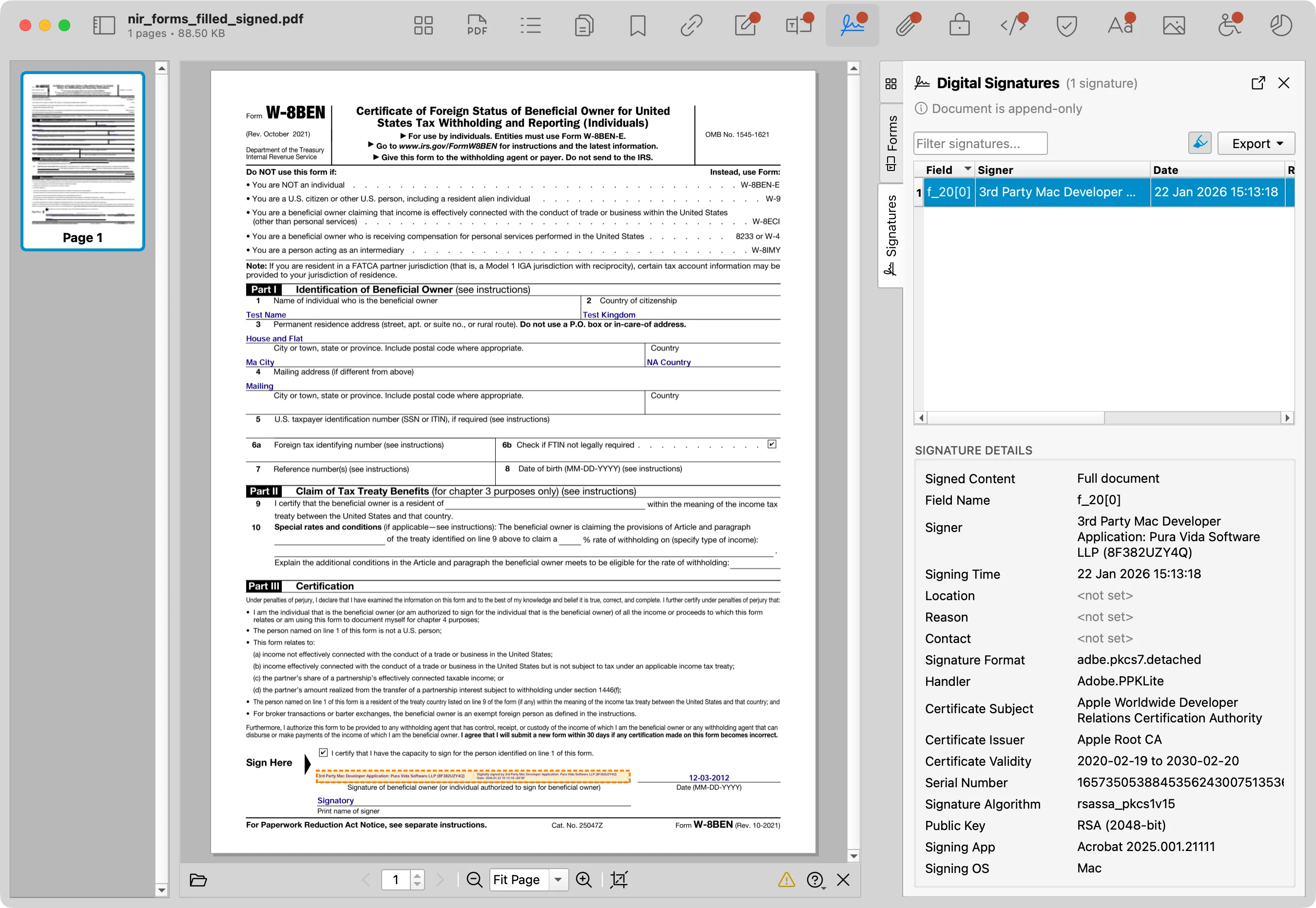 PDF Auditor Signatures tab showing signature field details.