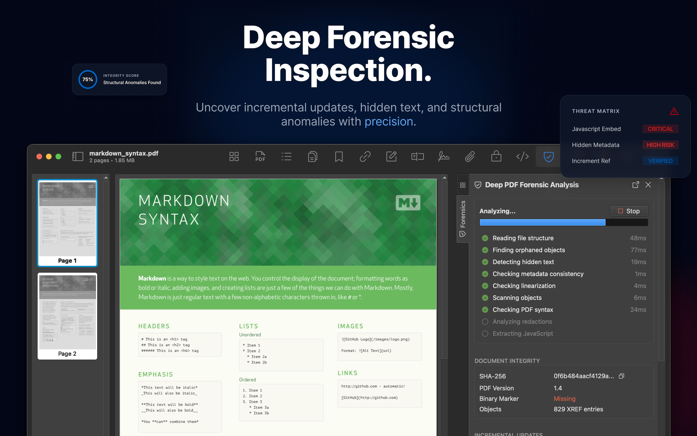 PDF Auditor forensics findings beside a PDF preview.