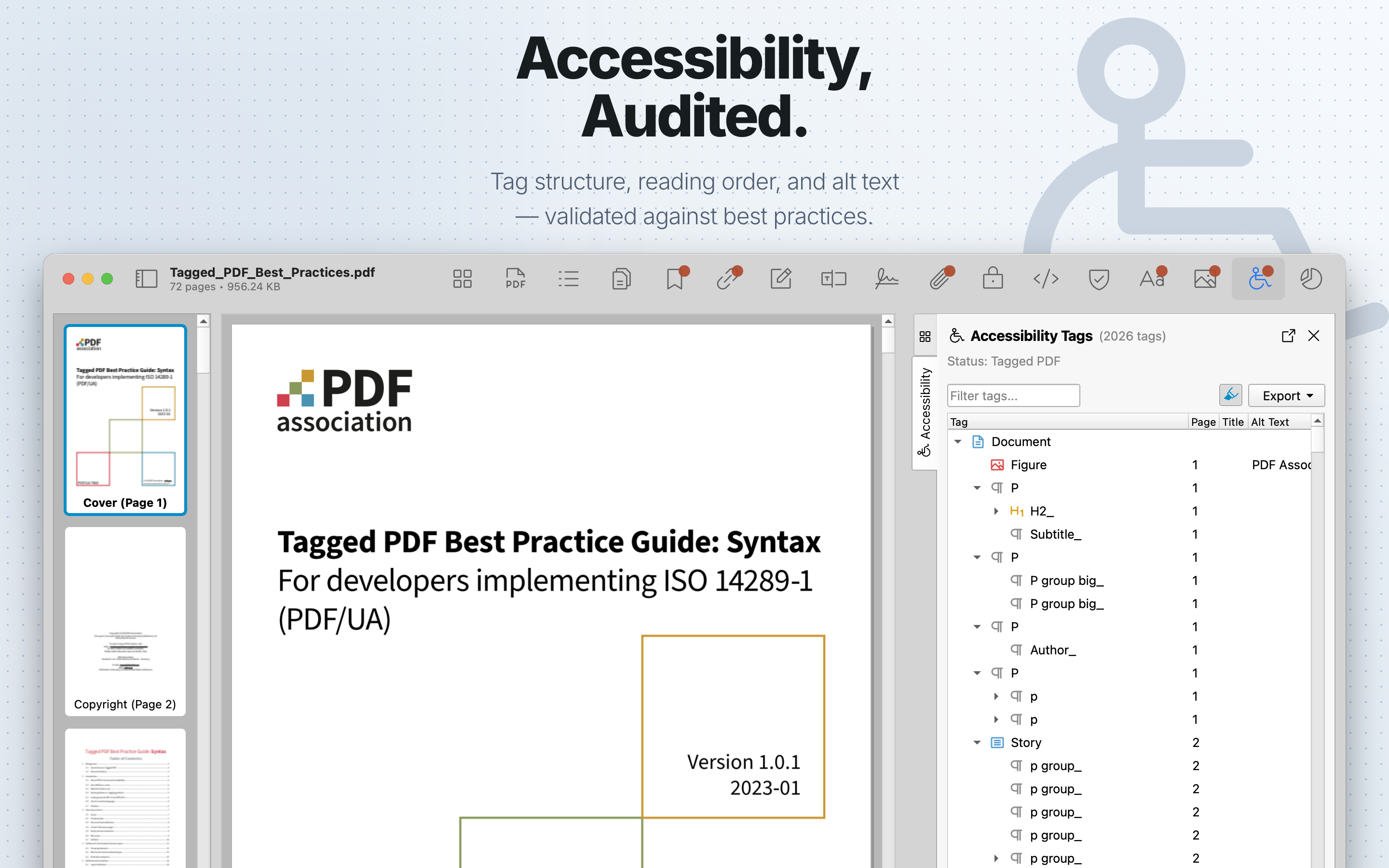 PDF Auditor Accessibility tab showing PDF tag structure.