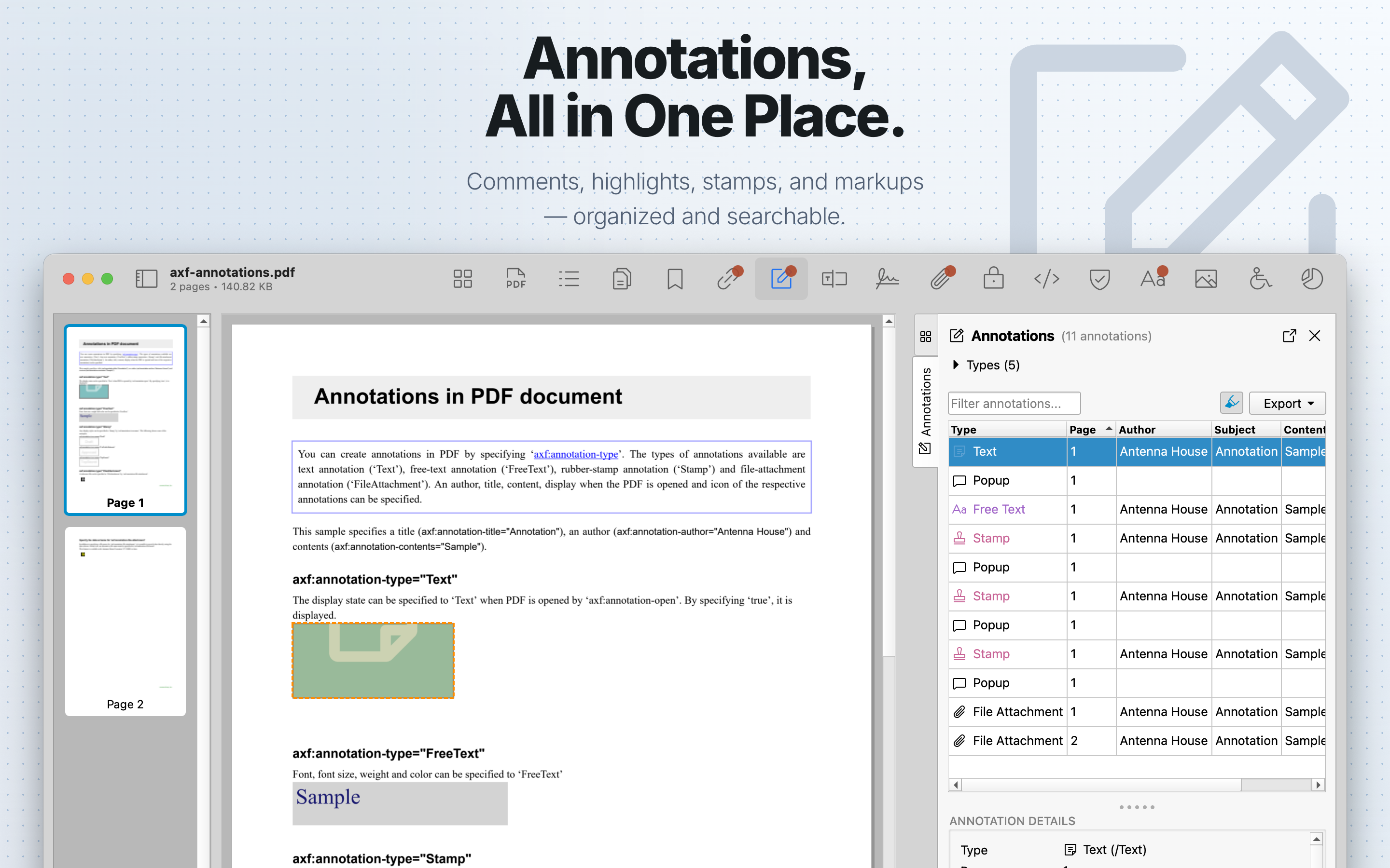 PDF Auditor Annotations tab showing annotation details.