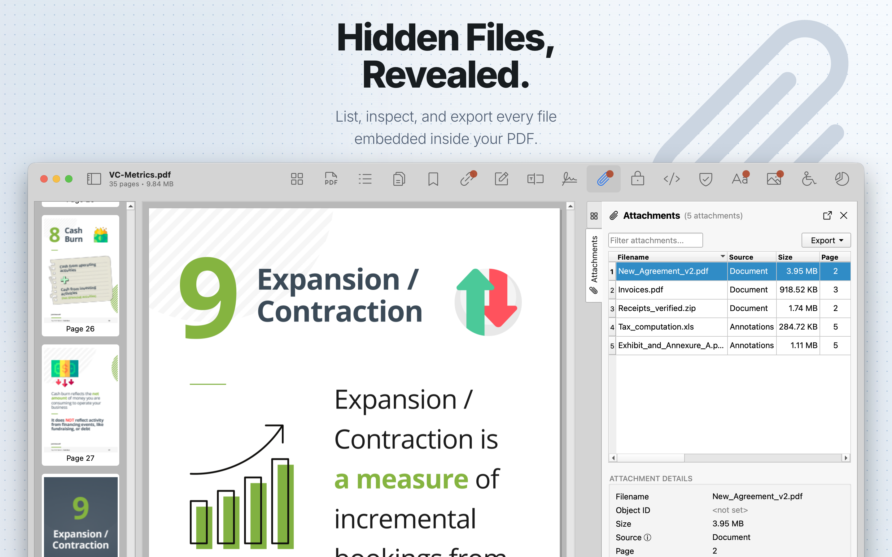 PDF Auditor Attachments tab showing embedded file details.