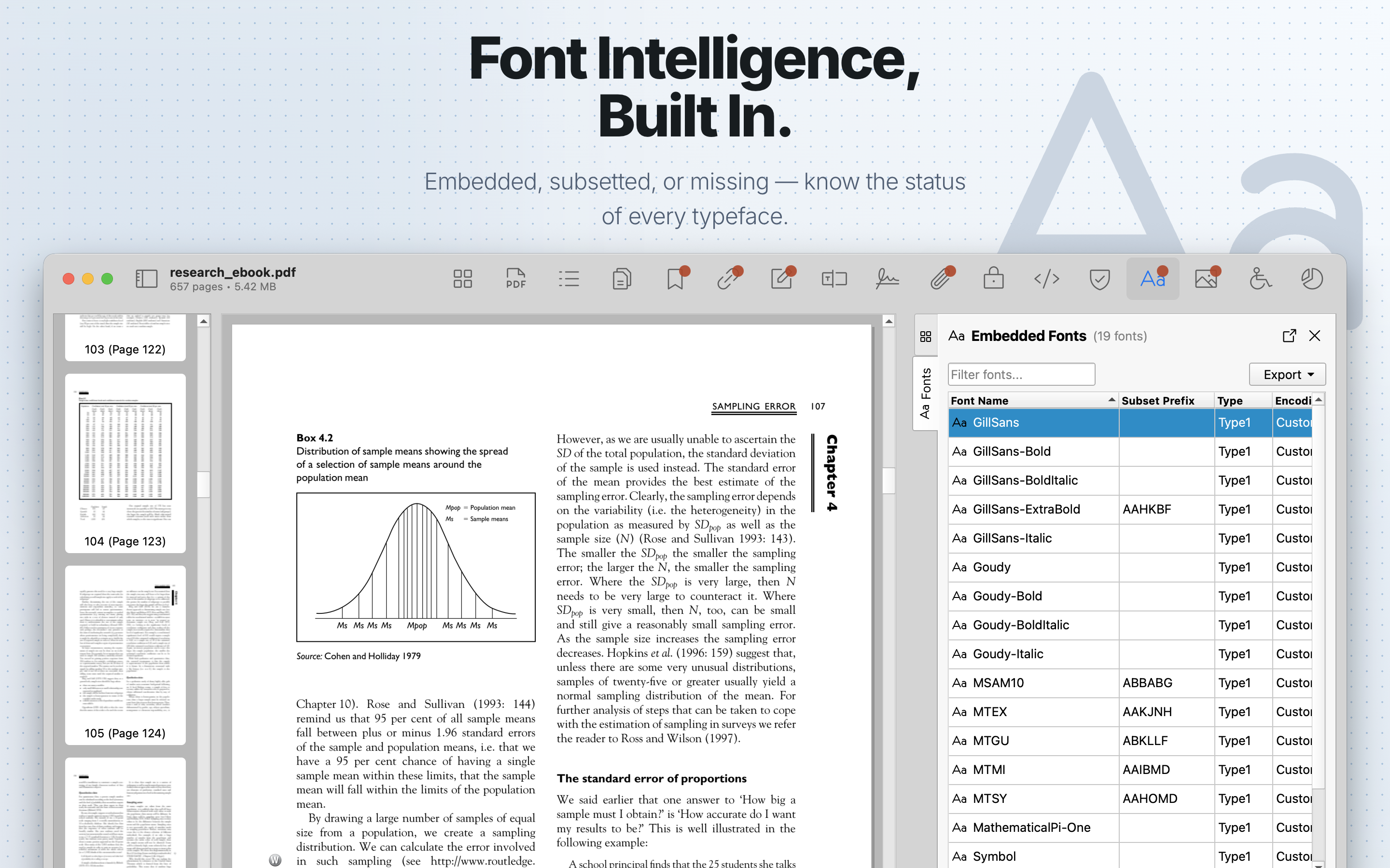 PDF Auditor Fonts tab showing embedded font details.