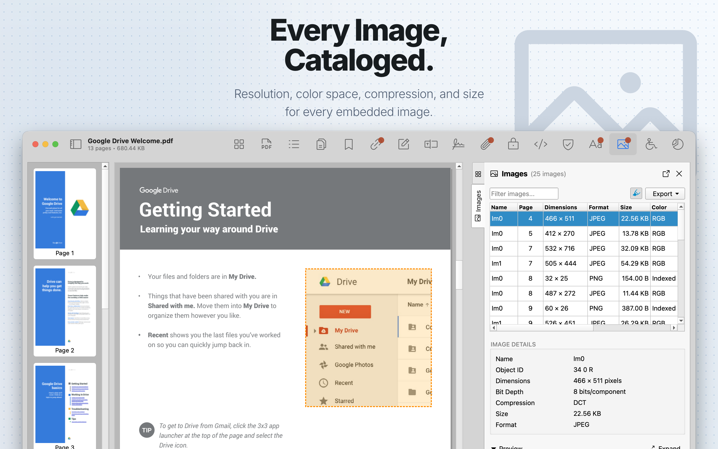 PDF Auditor Images tab showing embedded image details.