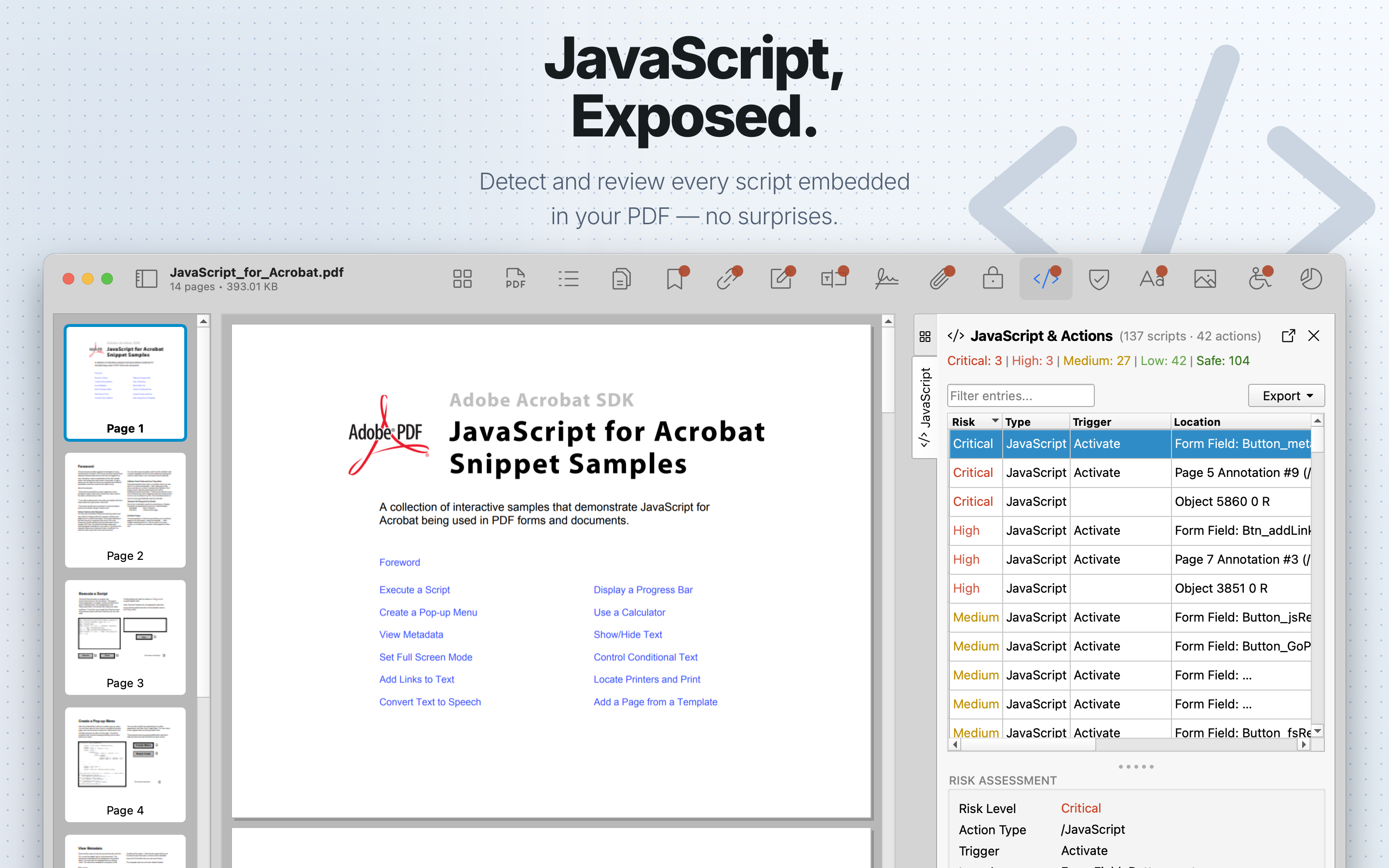 PDF Auditor JavaScript tab showing script and action findings.