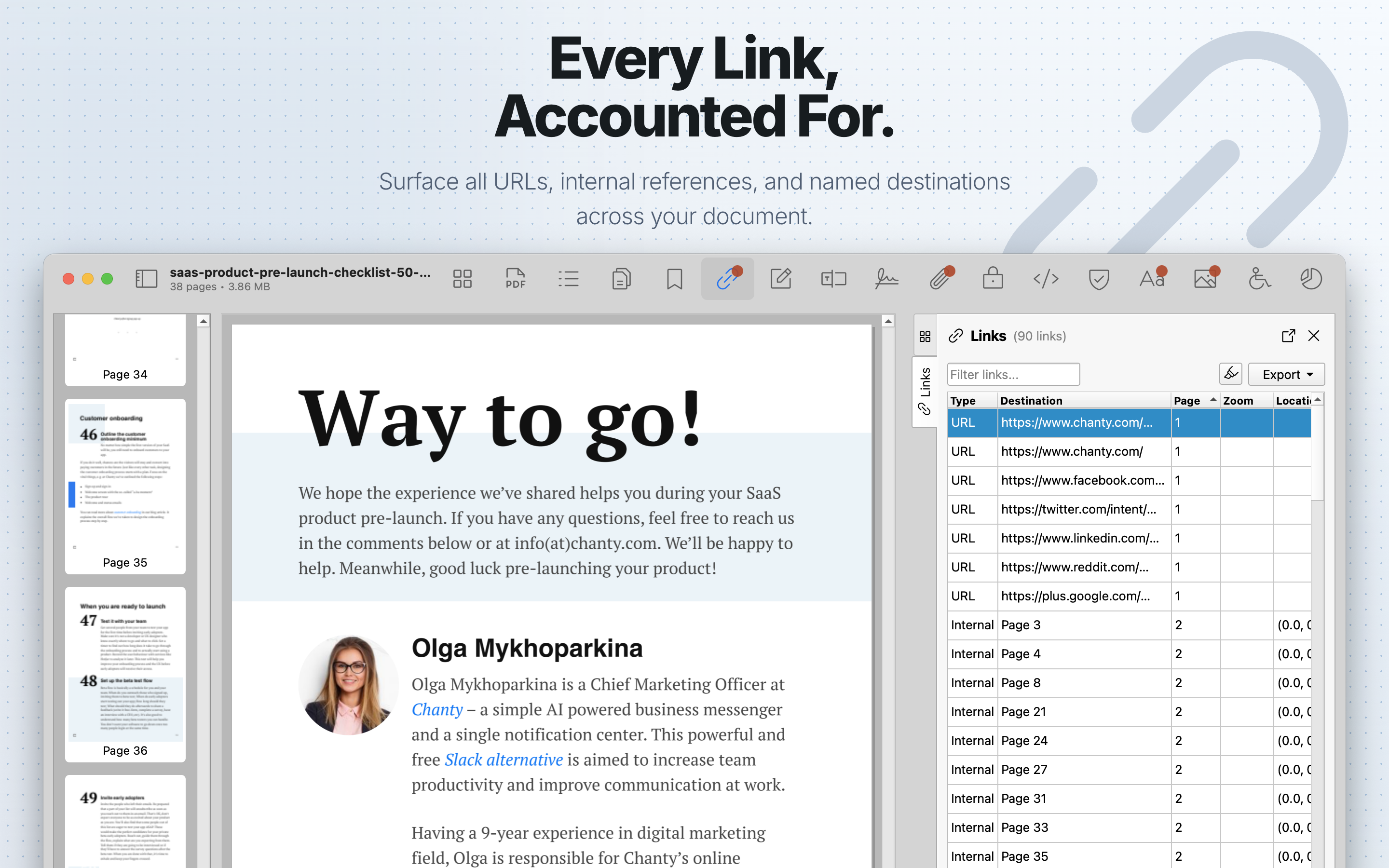 PDF Auditor Links tab showing link destinations.