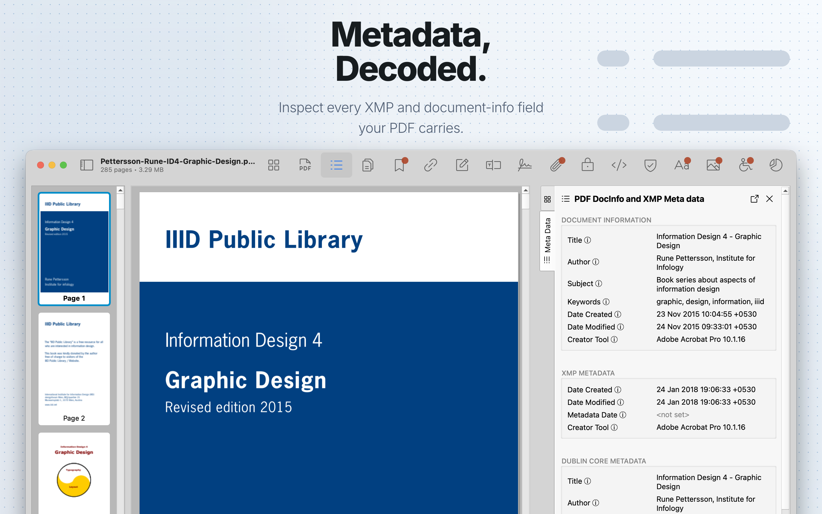 PDF Auditor Metadata tab showing XMP and document information.