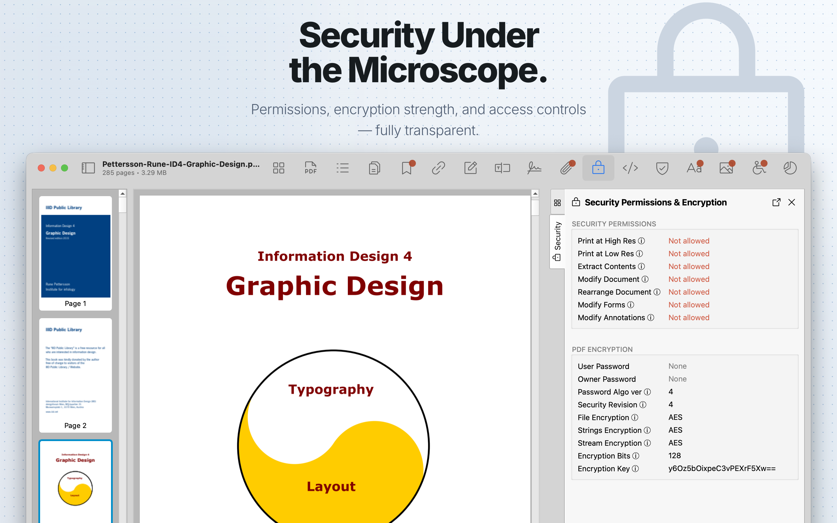 PDF Auditor Security tab showing document permissions.