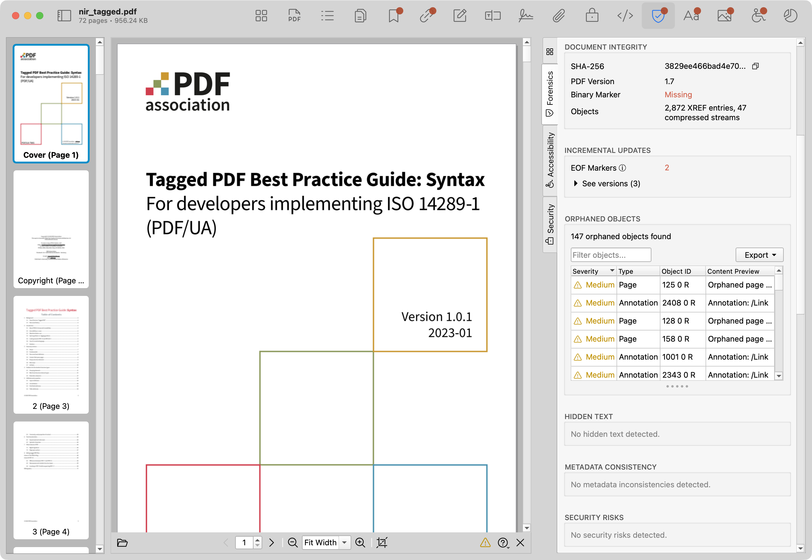 PDF Auditor Forensics tab showing scan findings.