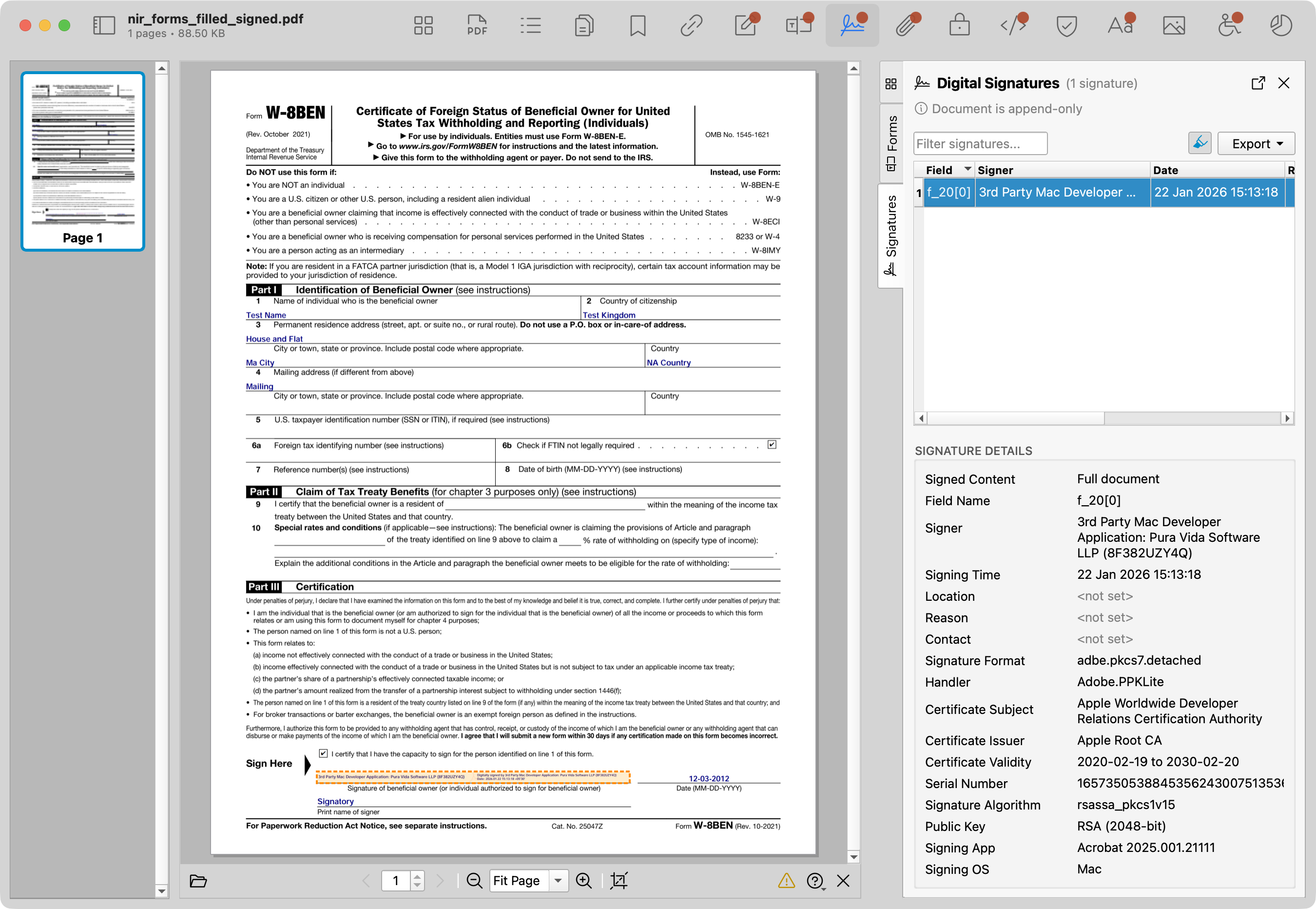 PDF Auditor Signatures tab showing signature field details.