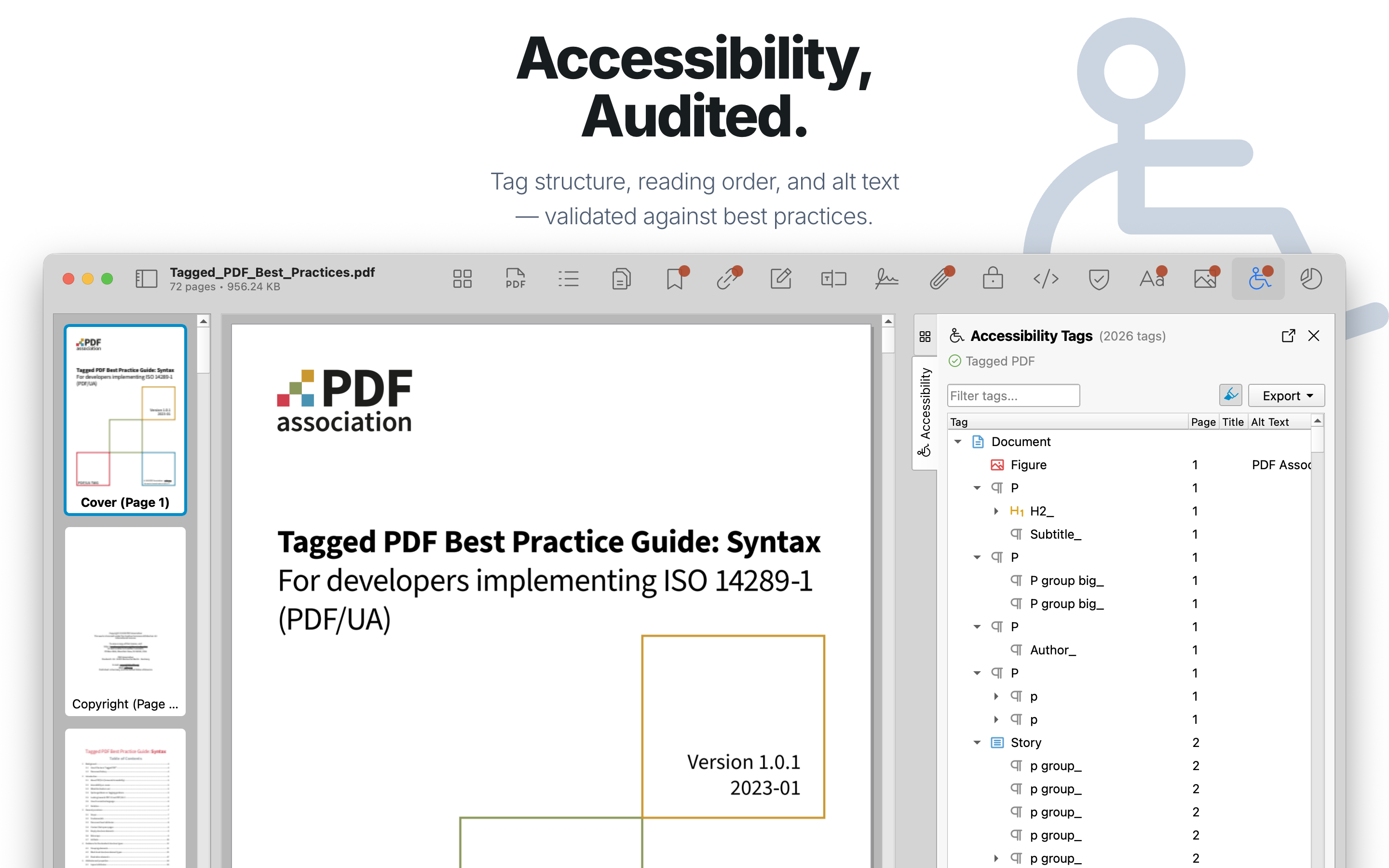 Accessibility tags viewer showing PDF structure tree with tag attributes.