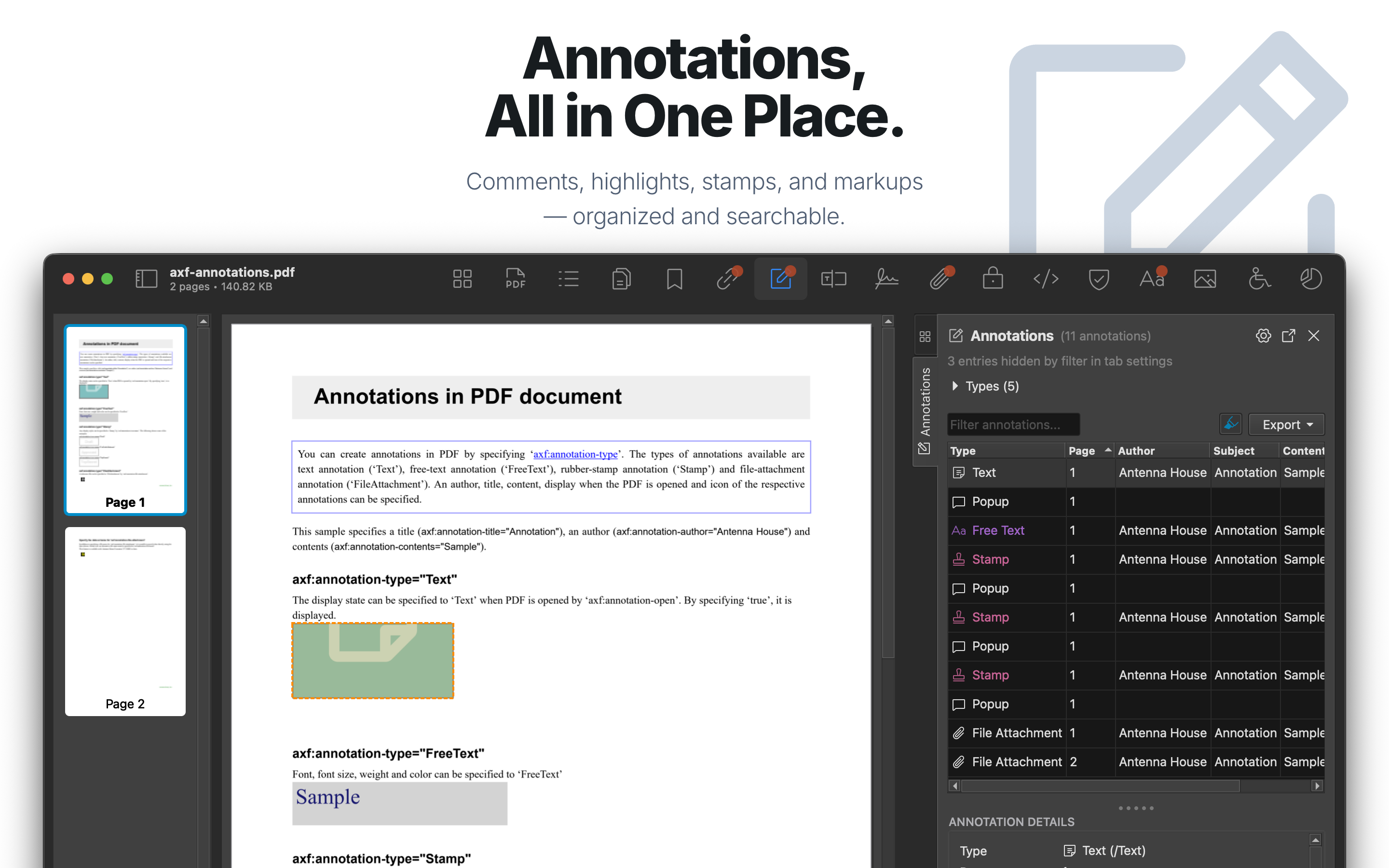 Annotations viewer with type and content details.