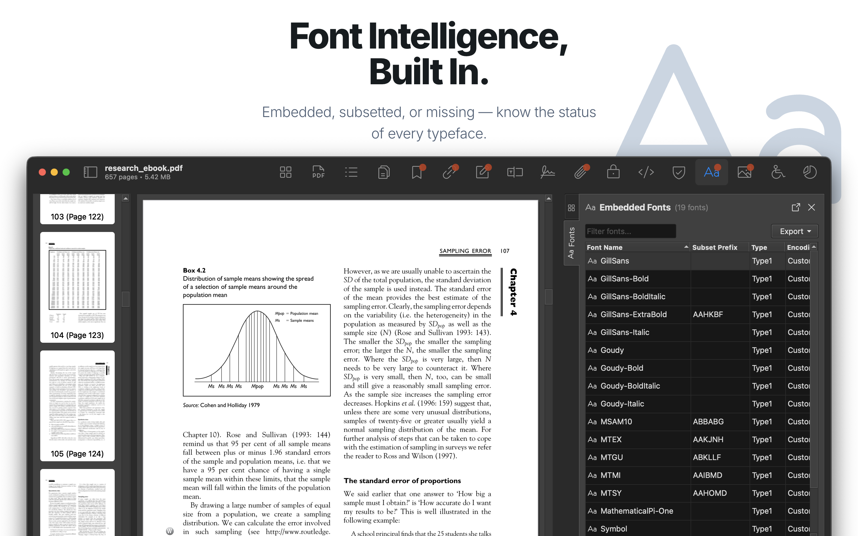 Font inventory showing embedding status.