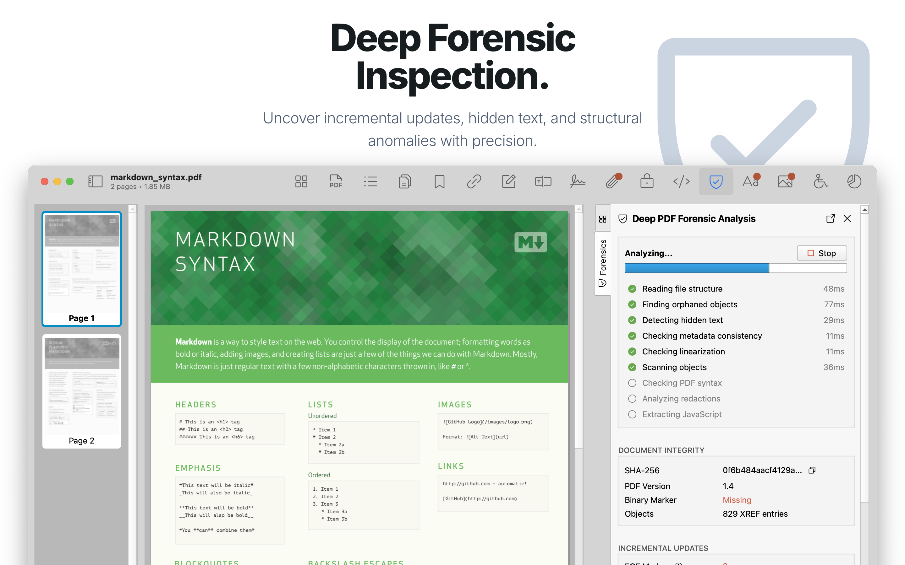 Forensic analysis detecting incremental updates and integrity issues.