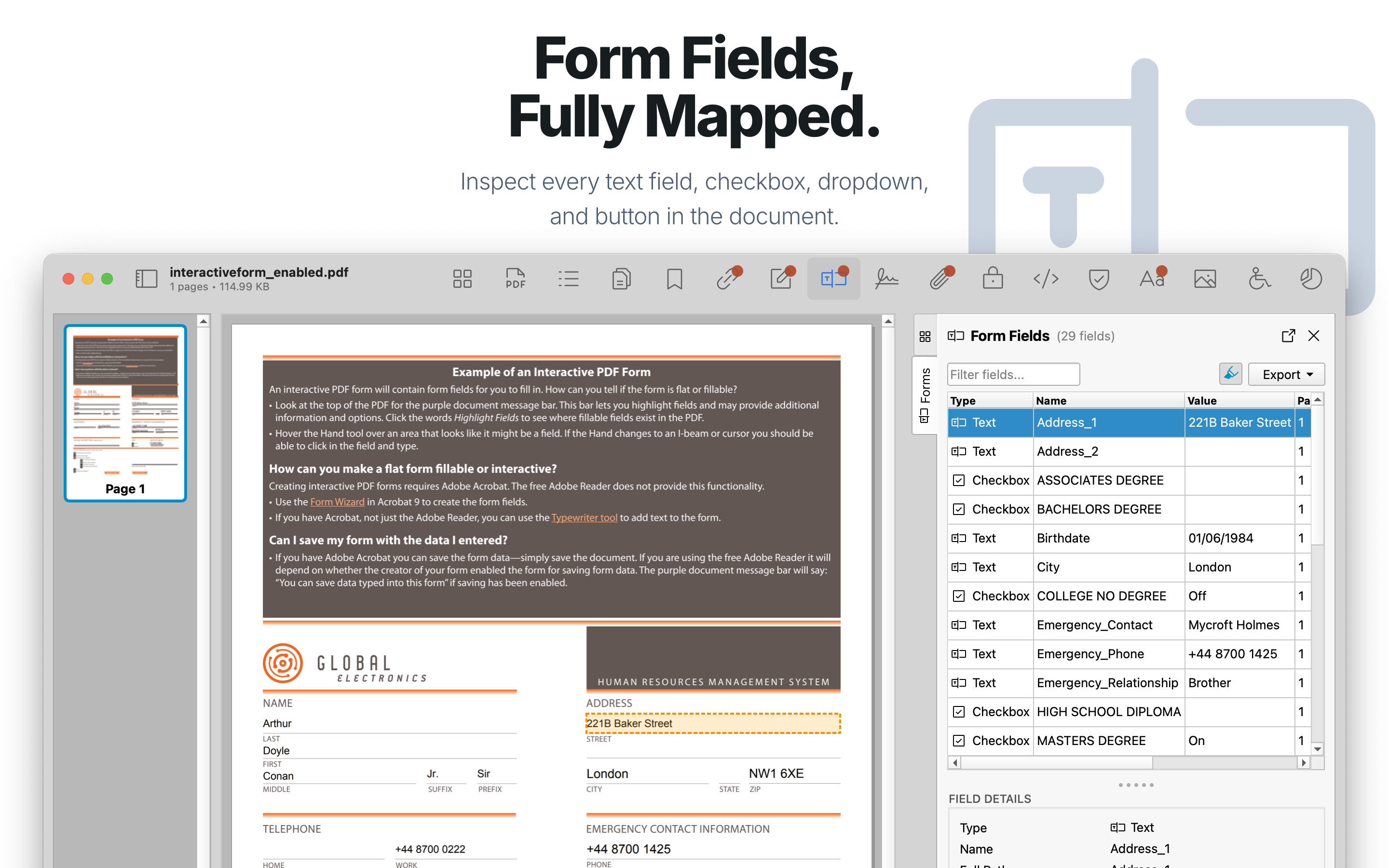 Interactive form fields inspector.