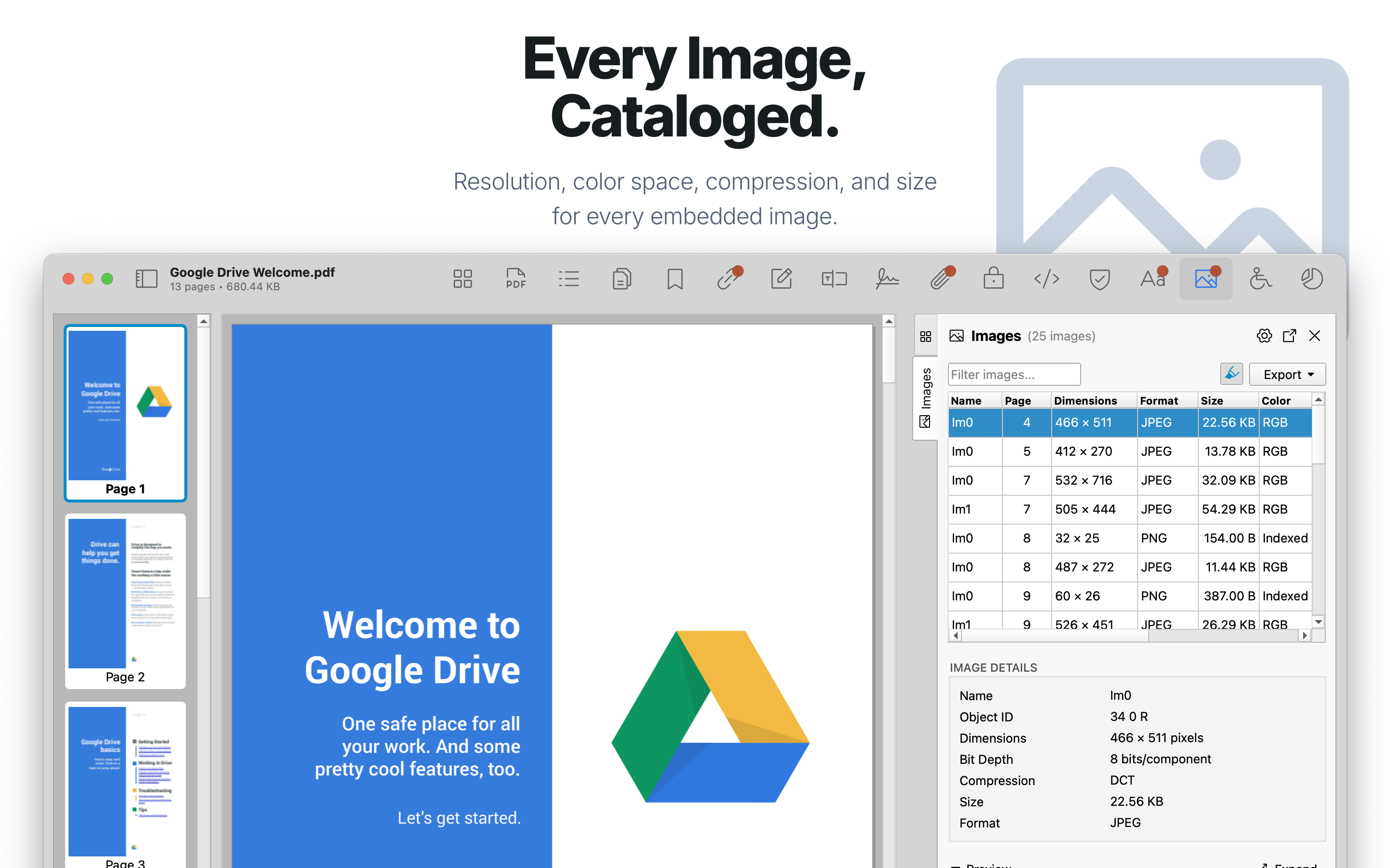 Embedded images inventory with preview and extraction.