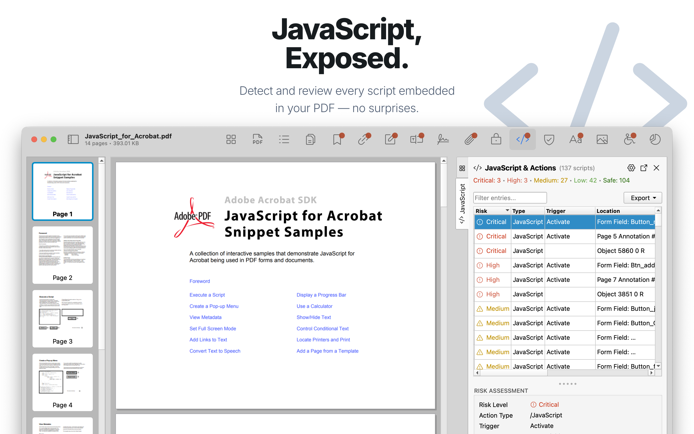 JavaScript inspector with syntax highlighting and risk assessment.