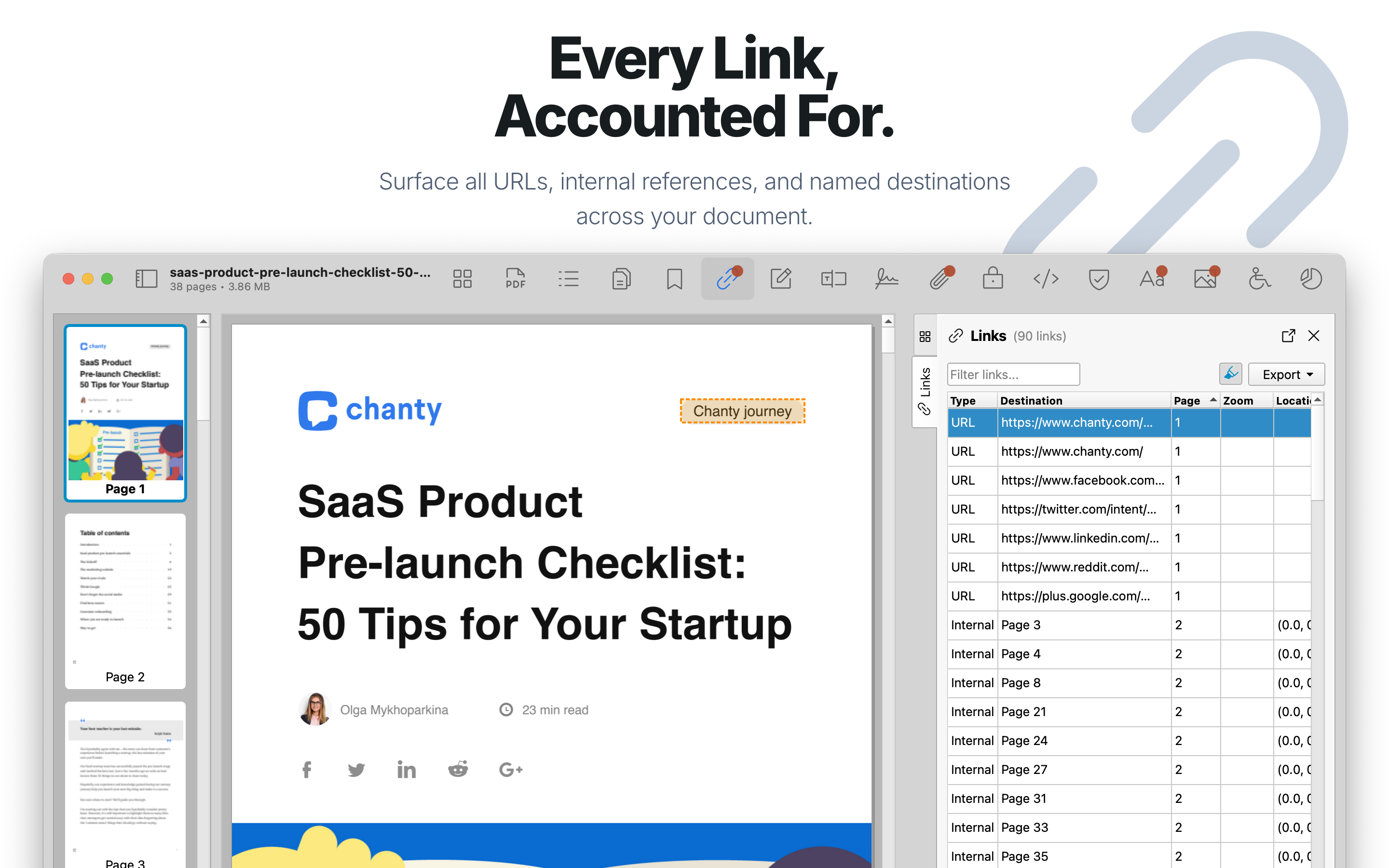 Links inspector showing URLs in the PDF.