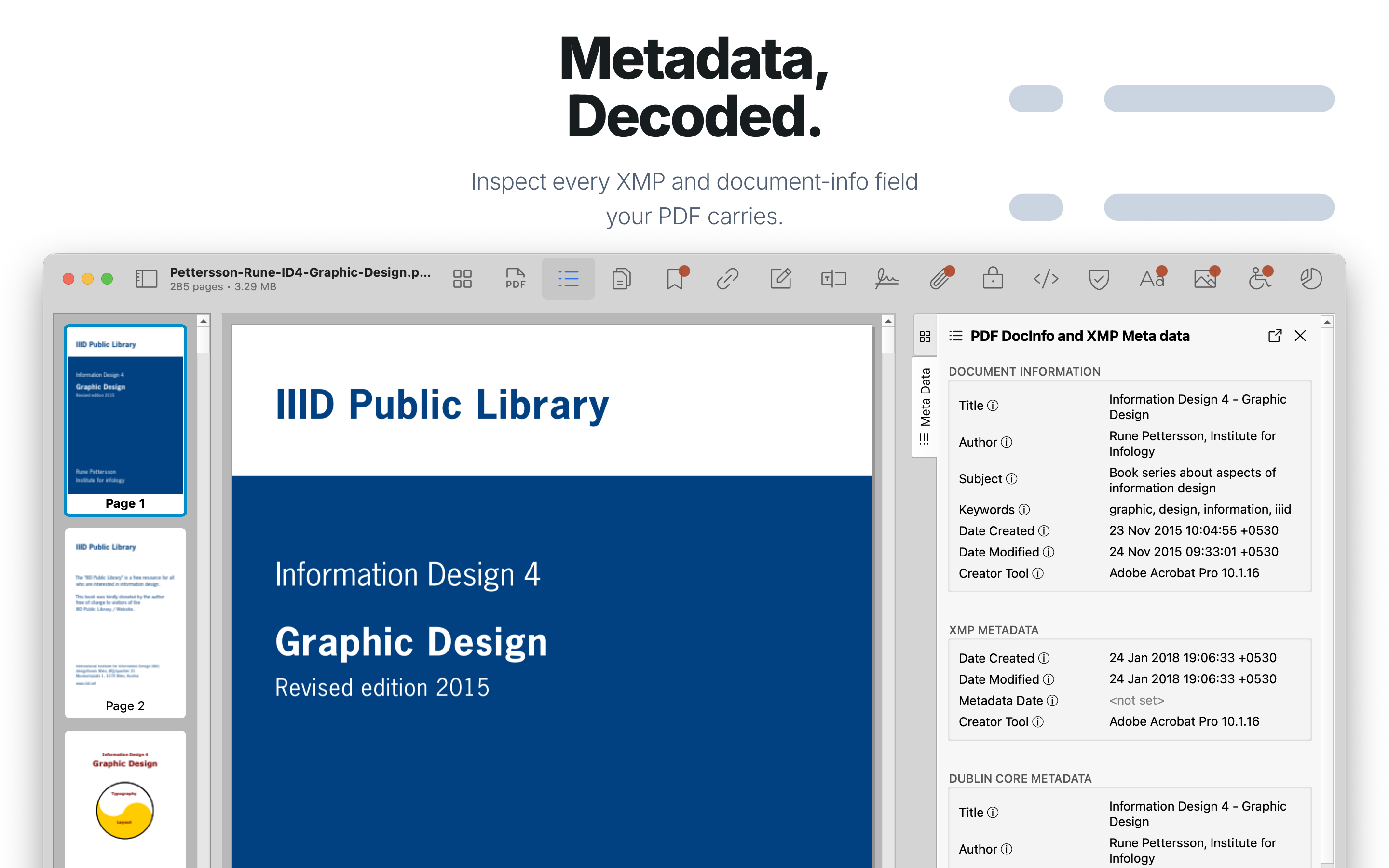 Metadata inspector showing XMP and document properties.